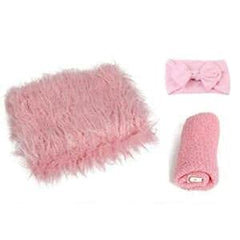 MOMISY Newborn Photography Props, 3PCS Toddler Photo Blankets Wrap and Headband Long Hair Photography Wrap Shaggy Area Rug Photo Prop Multi-Purpose Swaddle Wrap Photography Mat for Babies - Baby Pink