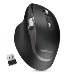 Amazon Basics Ergonomic Wireless Mouse, Bluetooth + 2.4 GHz, Silent Clicks, Side Scroll Wheel, 5 Adjustable DPI Settings up to 4800, Connects up to 3 Devices, Rechargeable, For PC, Mac, Laptop (Black)