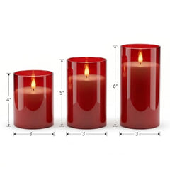 Flameless LED Pillar Candle Set of 2 | Acrylic Fiber Glass | Dancing Faux Wick | Remote Control with Battery Operated 3 AA | Home Décor & Gifting | 3" D x 6" H | Red