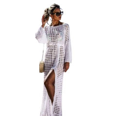 MOMISY Women's Summer Beach Dress White Long Sleeve Square Neck Lace Hollow Crochet Bikini Cover Up Beachwear Dress - White