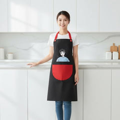 MOMISY Waterproof Kitchen Apron, Cooking Apron with Large Front Pocket, Cute Girl Print Design (Black Red)