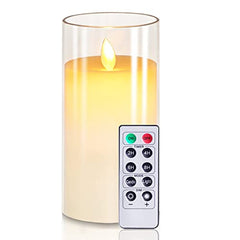 Flameless LED Pillar Candle Set of 2 | Acrylic Fiber Glass | Dancing Faux Wick | Remote Control with Battery Operated 3 AA | Home Décor & Gifting | 3" D x 6" H | Red