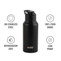 CELLO Lifestyle Electric Kettle 1.5L and Sippa Bottle 500 ml Combo Black | Double Wall, Auto-Shut Off Protection, Easy Grip Cool Touch Handle | Stainless Steel Electric Kettle For Boiling Hot Water