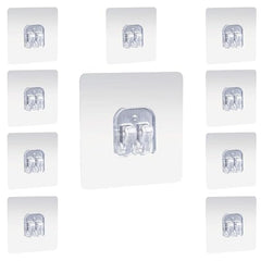 AMIQUS 10 Pcs Hevy Duty Self Adhesive Hook for Hanging Kitchen Item and Other Stainless Steel, Gold Waterproof, Strong Towels, Keys, Utensils,Robes Double-Sided Transparent (Double Claw V Shape)