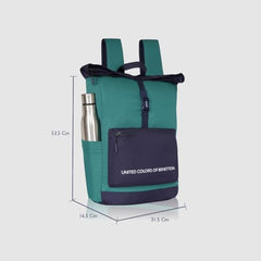 United Colors of Benetton Grand Slam 30L Roll-Top Backpack - Blue+Navy Color | Fits 14-inch Laptop | Secure Buckle Closure for Travel & Gym with 1-Year Warranty