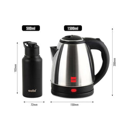 CELLO Lifestyle Electric Kettle 1.5L and Sippa Bottle 500 ml Combo Black | Double Wall, Auto-Shut Off Protection, Easy Grip Cool Touch Handle | Stainless Steel Electric Kettle For Boiling Hot Water