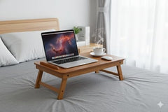 INTRAHAUS Wooden Extra Large Multi Tasking Height Adjustable Foldable Laptop Table Portable Study Writing Desk for Bed Sofa Home Office Use Walnut Color Wide Surface Design
