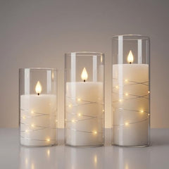 CAVY LED Glass Pillar Candles Light with Acrylic Fiber Glass | Flameless Smokeless Decorative LED Candles Faux Dancing Wicks | Perfect for Diwali Decoration, Home Decor, Gifting, Wedding (Set of 5)