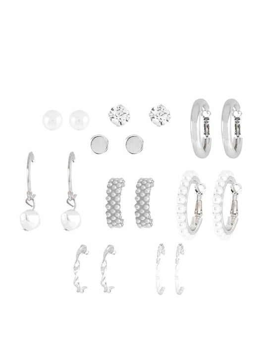 SYGA Little Pearl Earrings Set of 9, Celebrity Inspired Latest Stylish Silver Plated Hoop and Crystal Pearl Stud Earrings for Women(Silver)