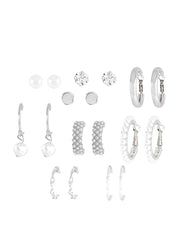 SYGA Little Pearl Earrings Set of 9, Celebrity Inspired Latest Stylish Silver Plated Hoop and Crystal Pearl Stud Earrings for Women(Silver)