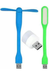 NX Triple Combo - USB Light, Fan, and Mini Bulb Emergency Set for Laptop, Phone, Desktop (Multicolor)