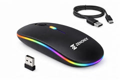 ZENONIX Zen-Slim Wireless Mouse with Rechargeable Battery, BT + 2.4GHz, 4 Buttons, 800/1200/1600 DPI, Silent Operation, Multicolor LED Lights