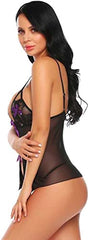 MOMISY Women Sexy Slim Fit Lingerie Transparent Set Underwear Lace Cup Teddy Bodysuit Deep Round Neck Spahgetti Back Strap Underwear Babydolls Sexy Lingerie Sleepwear-Black