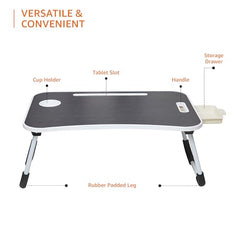 Amazon Basics Engineered Wood Foldable Laptop Table with Cup Holder, Tablet Groove and Mini Drawer (60L x 40W x 26H cm, Black)