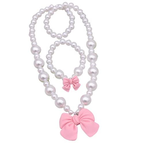 SYGA Children's Girls Necklace Earring Bracelet Ring Set Jewelry Bow Pearl Necklace Bracelet Set For Kids, Girl, Gift, Party (Link Pink 2 Pieces)