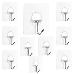 AMIQUS 10 Pcs Hevy Duty Self Adhesive Hook for Hanging Kitchen Item and Other Stainless Steel, Gold Waterproof, Strong Towels, Keys, Utensils,Robes Double-Sided Transparent (Double Claw V Shape)