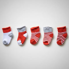 MOMISY Baby Socks 5 Pairs, Mixed Design Striped Tube Socks for Toddlers and Infants, Boys and Girls, Spring and Autumn (IN, Age, 0 Months, 6 Months, Red)
