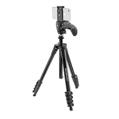 Manfrotto MKSCOMPACTACNBK Compact Action Smart Tripod with Hybrid Head and Smartphone Clamp for iPhone, Samsung, Huawei, LG, Google Phones, DSLR, CSC Mirrorless - Aluminium - Black