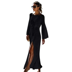 MOMISY Women's Crochet Summer Beach Dress Long Sleeve Square Neck Floral Lace Hollow Bikini Cover Up Cardigan Beachwear Dress - Black