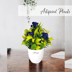 Asharya® Artificial Flower Plants for Home Décor – Set of 4 Mini Potted Plants (7 Inch) in White Pots | Pink, Yellow, Red & Blue Faux Flowers for Living Room, Office, Indoor Outdoor Decoration