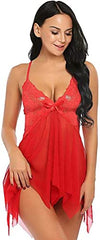 MOMISY Women Sexy Slim Fit Lingerie Transparent Set Underwear Bodysuit Deep Round Neck Spahgetti Back Strap Underwear Babydolls Sexy Lingerie Sleepwear-Red, Ruffle