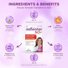 Wellwoman 50+ multivitamins for women over age 50 years with Vitamins,Iron,calcium,amino acids to support menopausal symptoms,maintain energy,Vision & Heart health| Vegetarian 30 Tablets, 20 grams