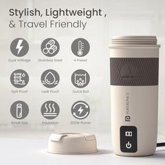 Portronics Thermosip 400Ml Vacuum Insulated Portable Travel Electric Kettle, Fast Water Boiling, Cool Touch Body, Digital Display, Auto Shut-off, 300W Heating Element,Prepare Tea,Coffee Without Milk