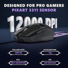 EvoFox Banshee 2 Tri-Mode Wireless Gaming Mouse (2X BT, 2.4G & Wired), PixArt 3311 Sensor, 1000Hz Polling Rate, 12,000 DPI, LCD Display, 6 Programmable Buttons, Software Support, Onboard Memory-Black