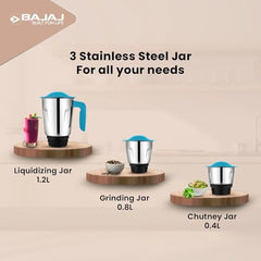 Bajaj Ninja Series NOTCH 500W Mixer Grinder (410651) with 3 Stainless Steel Jars | Titan Motor | Dura Cut Lifetime Blades | Radio Knob Control | 2-in-1 Function | French Blue | 2-Year Warranty