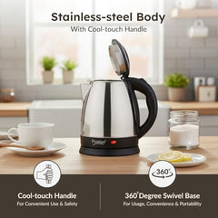 Prestige 1.5L PKOSS Stainless Steel Electric Kettle | 1350 Watts| Elegant Design | Cool-touch Handle and Lid | Automatic Cut-Off and Single-Touch Lid Locking | Black | 1Y Warranty | ISI Certified