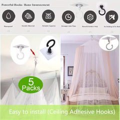 Heavy Duty 360° Rotating Self Adhesive Ceiling Hooks – No Drill, Waterproof Sticky Hooks for Hanging Plants, Wind Chimes, Lights & Mosquito Nets (360° Rotating Ceiling Hooks Pack of 5) (BLACK)