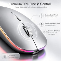 Offbeat Dash 2.4GHz Wireless + Bluetooth 5.1 +5.0 Mouse, Multi-Device Tripel Mode Type C Rechargeable Silent Click Buttons Wireless Bluetooth Mouse 3 Adjustable DPI, Works on 3 Devices (Silver)