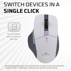 Amkette Hush Pro Epic M Rechargeable Wireless Mouse, Bluetooth Mouse | 3 Device Connectivity (2xBT&2.4G) with Top Mounted Device Switch Button, Silent Switches, Ergonomic Design, Upto 3200 DPI, Black