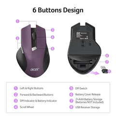 Acer Wireless Mouse for Computer, 6 Buttons 1600 DPI, Large Ergonomic Mouse