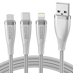 COSTAR 60W 3 in 1 Multi Fast Charging Cable - 3A Nylon Braided Charger Cable Compatible with iPhone, iPad, Samsung Galaxy, OnePlus, Mi, Oppo, Vivo, iQOO, Xiaomi, Car (Silver)