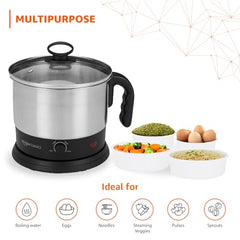 Amazon Basics Multi-Kettle Steamer 1.2L | Adjustable Power Modes 600 W | 7 - Egg Tray, Idli Tray, Iron Grill And Steamer | SS 201 Steel | Automatic Overheat Protection | Multipurpose Kettle