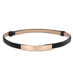 SYGA Women Leather Belt Thin Skinny Metal Gold Elastic Buckle Waistband 22-36 Waist Belt Dress Accessories(Black)
