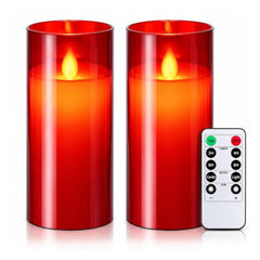 Flameless LED Pillar Candle Set of 2 | Acrylic Fiber Glass | Dancing Faux Wick | Remote Control with Battery Operated 3 AA | Home Décor & Gifting | 3" D x 6" H | Red