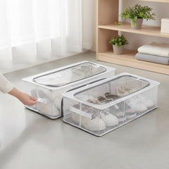 JD FRESH 2 Pcs Foldable Transparent Shoe Storage Organizer/Steel Frame Footwear Organiser/Stackable Shoe Organizer Box/Under Bed Storage Box for Home/Sneaker Shoe Rack with Handle & Zipper