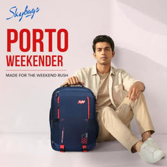Skybags Porto Spacious 40L Weekender Backpack, 2 Compartments, Black-Blue | Laptop Compatible (Upto 17"), Front & Shoe Compartments, Padded Handles, Travel/ Office Bag, Unisex, 1-Year Global Warranty