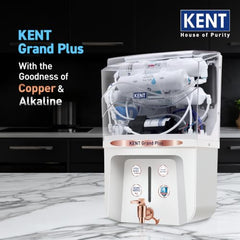 KENT Grand Plus Alkaline + Copper RO Water Purifier | RO+UV+UF+Alkaline+Copper+TDS Control+UV in Tank|ISI Marked| Auto Flush Feature|9L Tank|20 LP/Hr |Ideal For Borewell/Tanker/Municipal Water | White