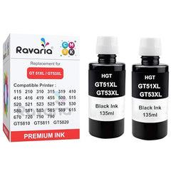 Ravaria Refill Ink for HP GT51XL/53XL GT 52 for HP Ink Tank 115,310,315,319,410,415,416,419,455,500,515,530,589,615,750,790,670,GT5810,GT5811,GT5820(GT51XL + GT52CMY(4 Color Set),Multi-Color Pack)