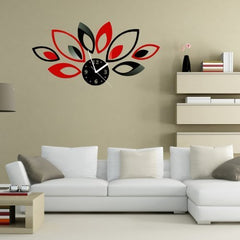 SYGA Mirror Wall Clock, Red and Black Rhombus Leaves Sticker Decoration
