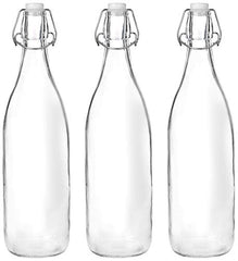 Amazon Brand - Solimo Silica Glass Bottle with Flip Cap, 1 Litre, Set of 4, Transparent
