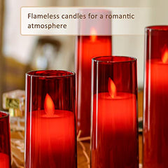 Flameless LED Pillar Candle Set of 2 | Acrylic Fiber Glass | Dancing Faux Wick | Remote Control with Battery Operated 3 AA | Home Décor & Gifting | 3" D x 6" H | Red