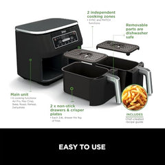 Ninja Foodi Dual Zone Air Fryer AF300IN| 7.6L Dual Drawer Air Fryer| Max Crisp 240°C| 6 Cooking Functions – Air Fry, Roast, Bake, Reheat & Dehydrate| Variable Airflow 1200–2600 RPM|PTFE/PFOA/PFASFree