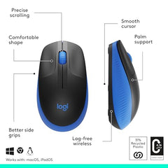 Logitech M190 Wireless Mouse,Full Size Ambidextrous Curve Design, 18-Month Battery with Power Saving Mode, USB Receiver, Precise Cursor Control + Scrolling, Wide Scroll Wheel, Scooped Buttons -Blue
