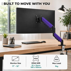 STAR WORK Single Monitor Desk Mount for 13–34” Inch Screens, Heavy Duty Adjustable VESA Monitor Arm with C-Clamp & Grommet Base | Full Motion Tilt & Swivel Rotation (Purple Arm Stand)