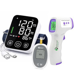 D MEDICARE Rechargeable Blood Pressure Monitor, Glucometer Set & Infrared Thermometer Combo | Home Health Care Kit | BP, Blood Sugar & Temperature Monitoring (RECOMB-110)