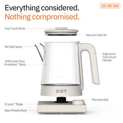 EDT Flow Pure glass™ Electric Kettle 1 Litre with Precision Temperature Control | Multipurpose Hot Water Presets for Coffee, Tea, Boil, Warm Water | 700W | Rubik